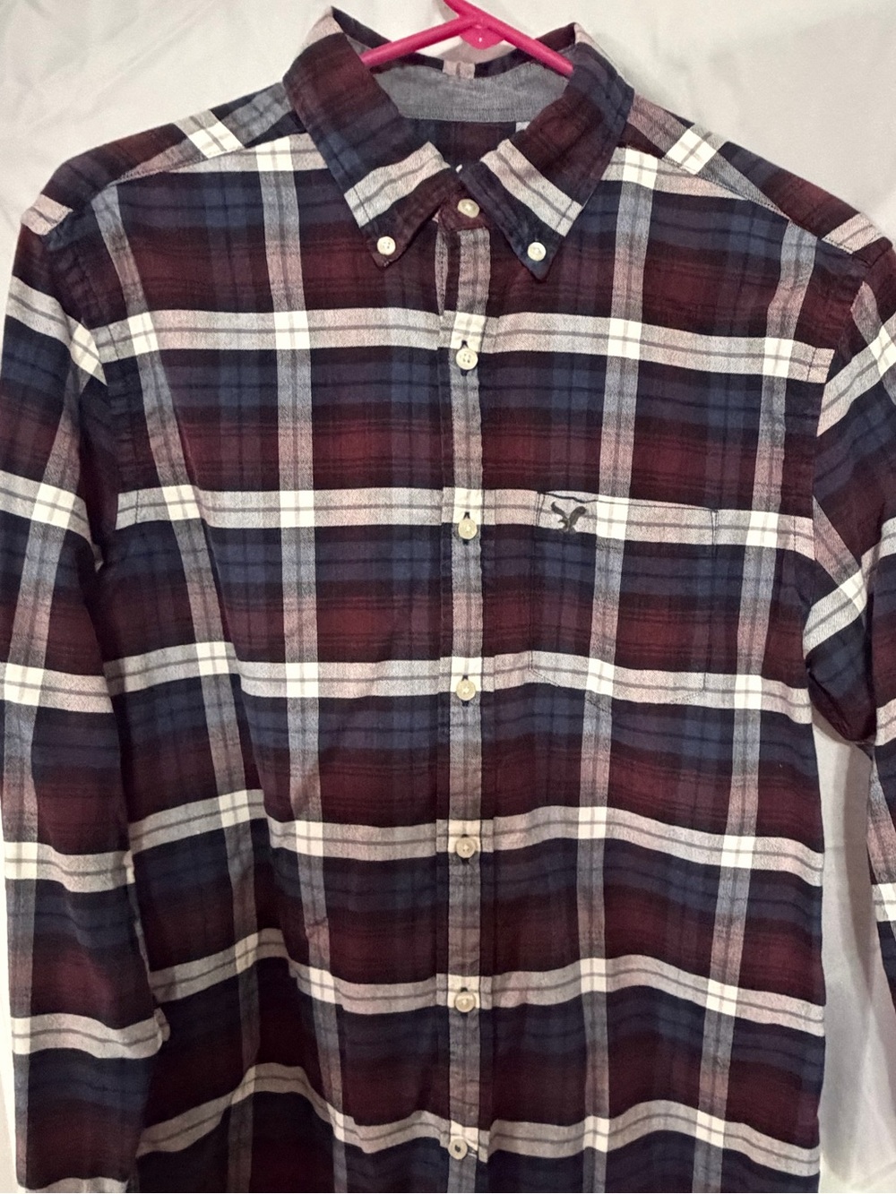 American Eagle Outfitters Men's Maroon Blue Plaid Button-Down Shirt